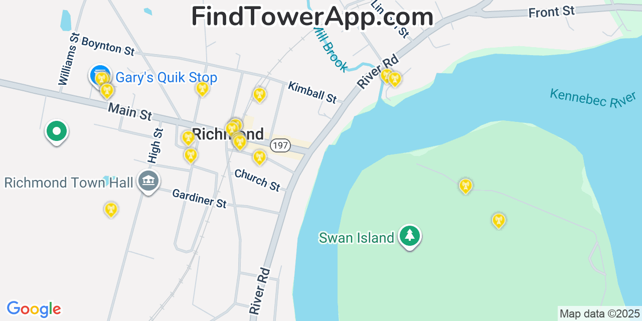 Map showing the 20 primary cell tower locations detected in Richmond, Maine from AT&T, Verizon, and T-Mobile networks