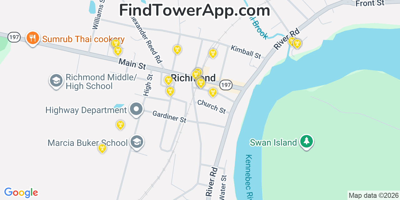 Map showing the 20 primary cell tower locations detected in Richmond, Maine from AT&T, Verizon, and T-Mobile networks