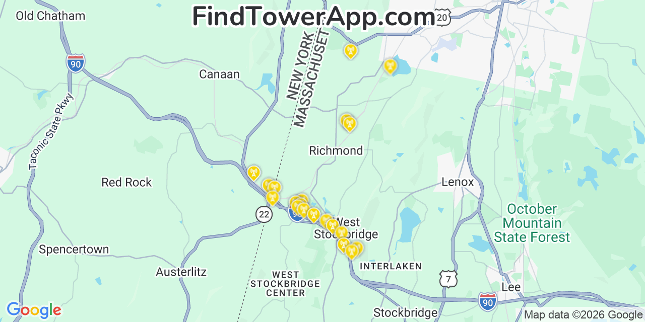 Map showing the 20 primary cell tower locations detected in Richmond, Massachusetts from AT&T, Verizon, and T-Mobile networks