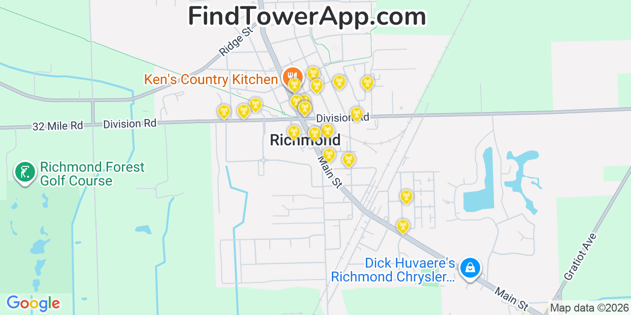 Map showing the 20 primary cell tower locations detected in Richmond, Michigan from AT&T, Verizon, and T-Mobile networks