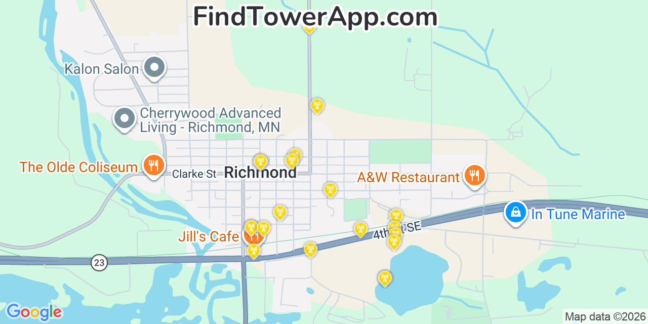 Map showing the 20 primary cell tower locations detected in Richmond, Minnesota from AT&T, Verizon, and T-Mobile networks
