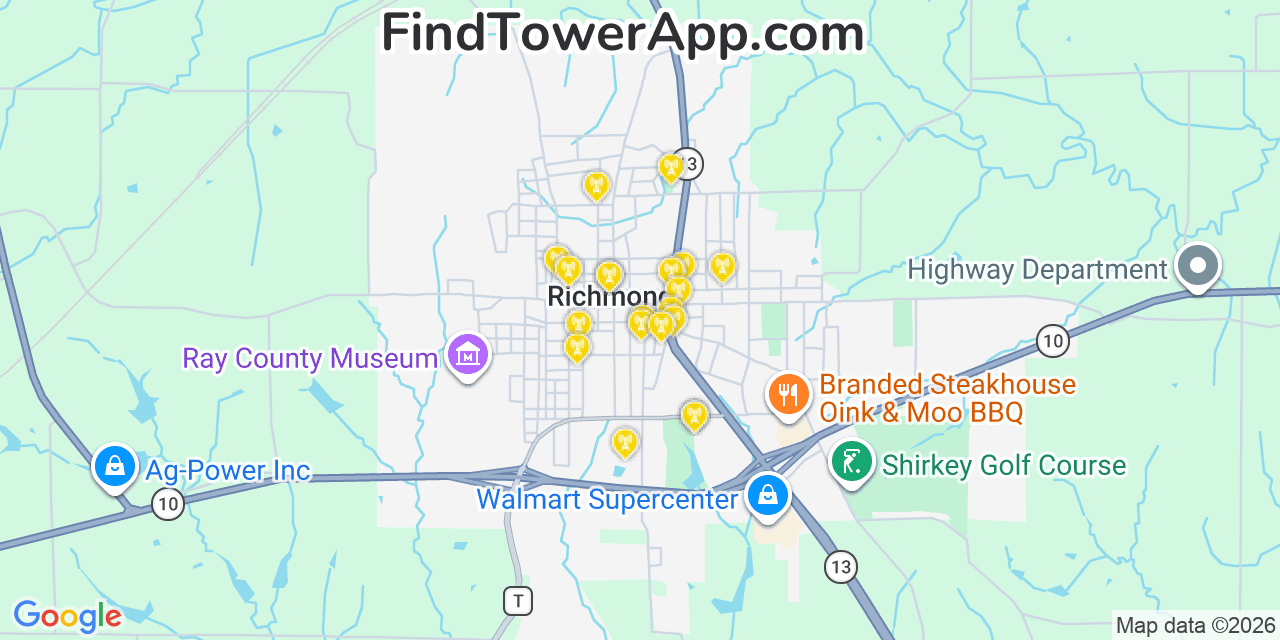 Map showing the 20 primary cell tower locations detected in Richmond, Missouri from AT&T, Verizon, and T-Mobile networks