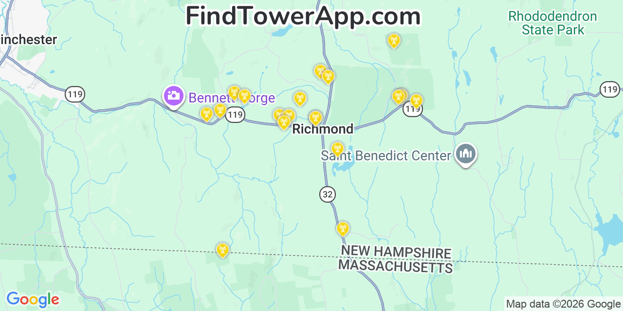 Map showing the 20 primary cell tower locations detected in Richmond, New Hampshire from AT&T, Verizon, and T-Mobile networks