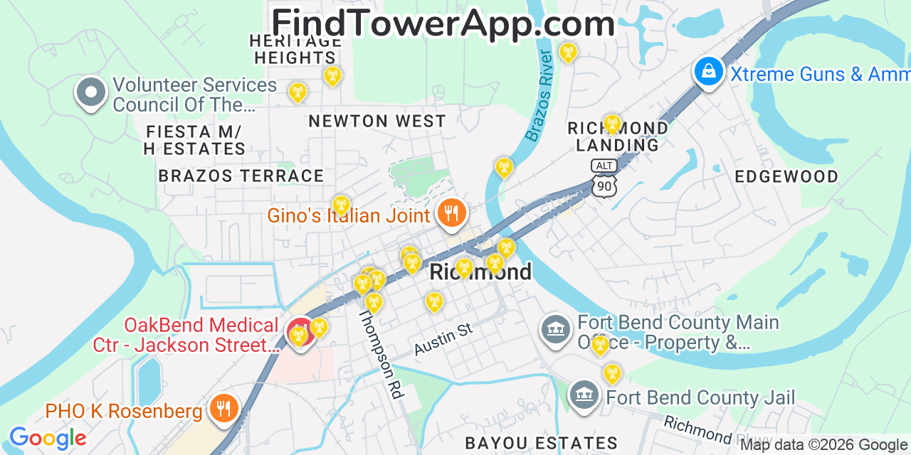 Map showing the 20 primary cell tower locations detected in Richmond, Texas from AT&T, Verizon, and T-Mobile networks