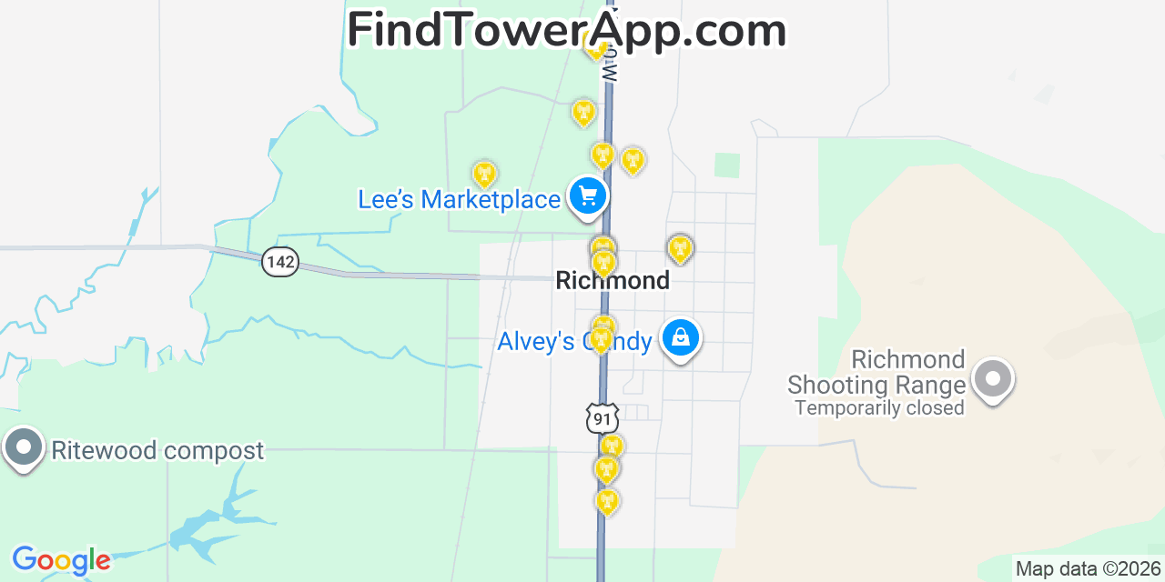 Map showing the 20 primary cell tower locations detected in Richmond, Utah from AT&T, Verizon, and T-Mobile networks
