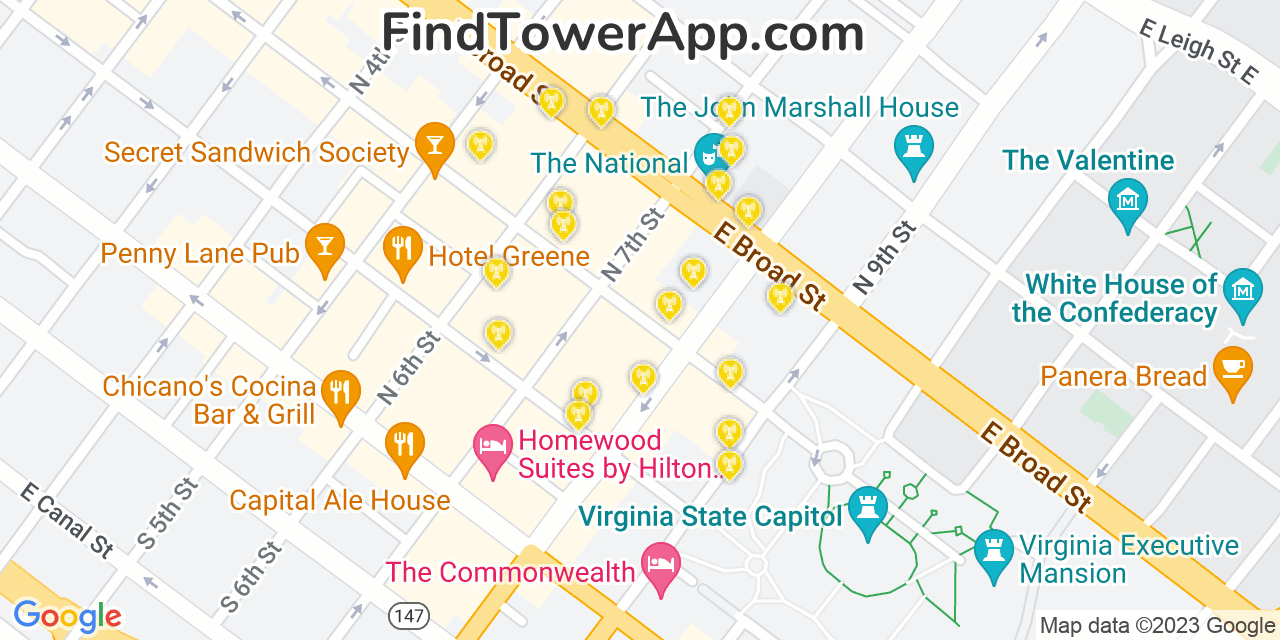 AT&T 4G/5G cell tower coverage map Richmond, Virginia