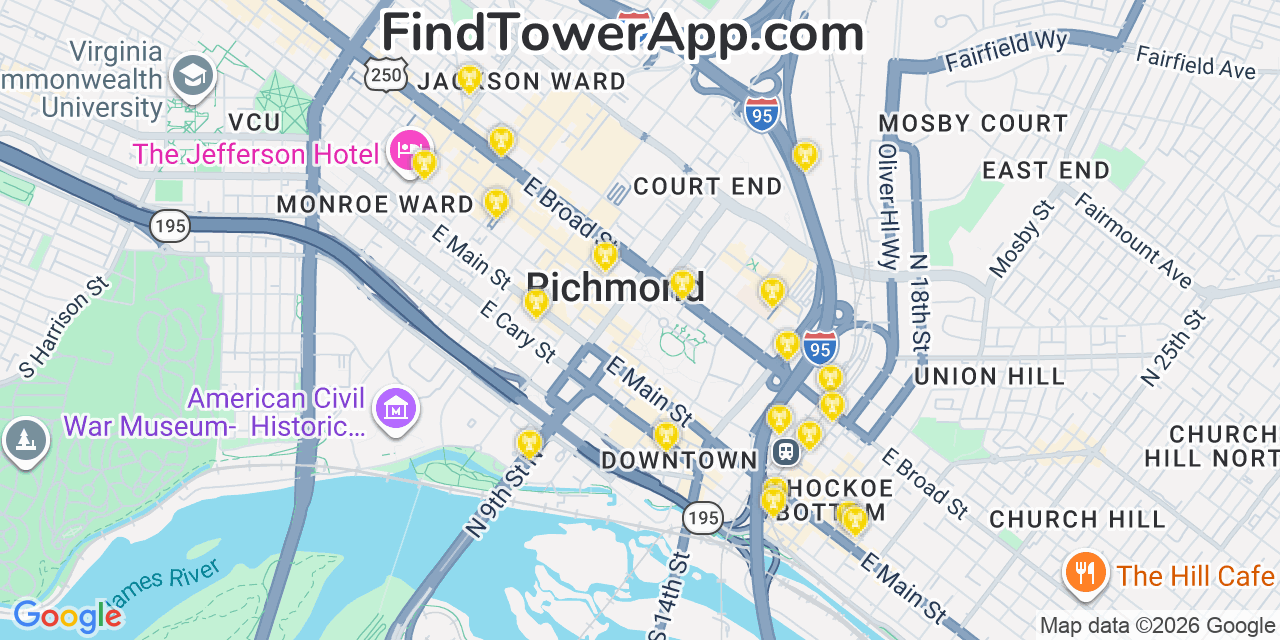 Map showing the 20 primary cell tower locations detected in Richmond, Virginia from AT&T, Verizon, and T-Mobile networks