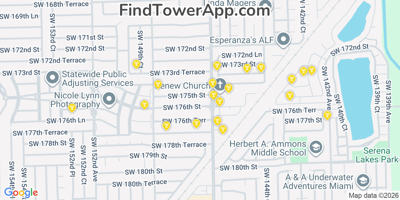 Map showing the 20 primary cell tower locations detected in Richmond West, Florida from AT&T, Verizon, and T-Mobile networks