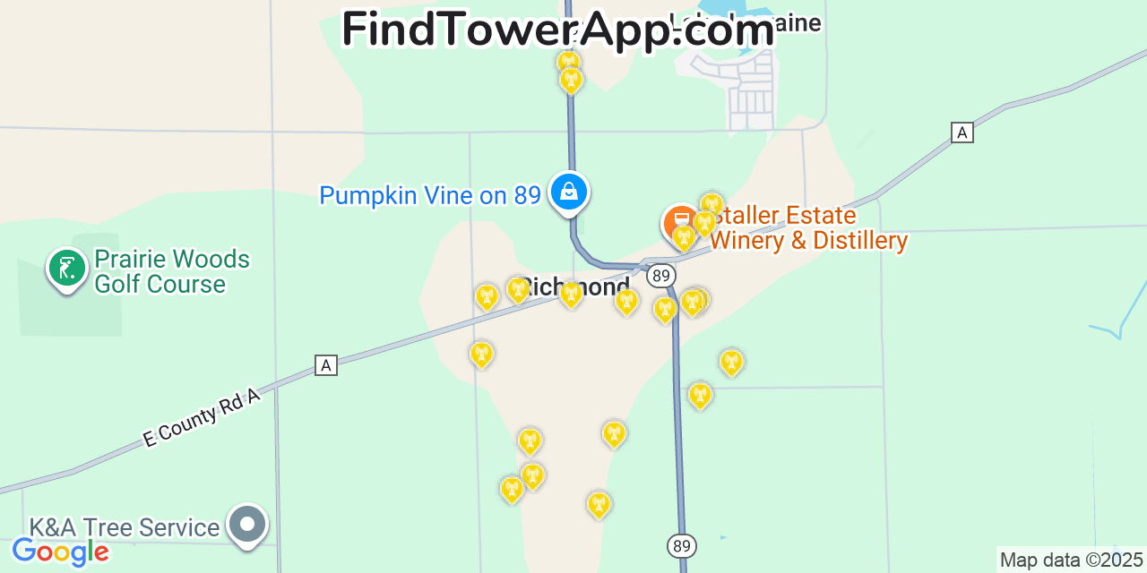 Map showing the 20 primary cell tower locations detected in Richmond, Wisconsin from AT&T, Verizon, and T-Mobile networks