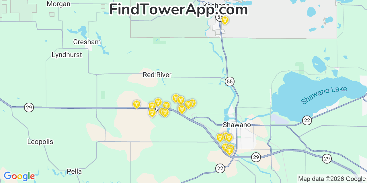 Map showing the 20 primary cell tower locations detected in Richmond, Wisconsin from AT&T, Verizon, and T-Mobile networks