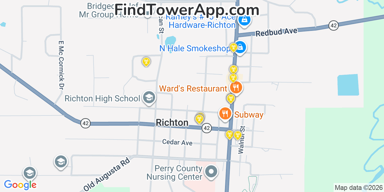 Map showing the 20 primary cell tower locations detected in Richton, Mississippi from AT&T, Verizon, and T-Mobile networks