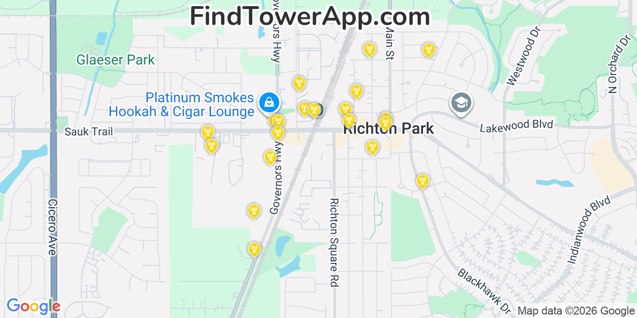 Map showing the 20 primary cell tower locations detected in Richton Park, Illinois from AT&T, Verizon, and T-Mobile networks