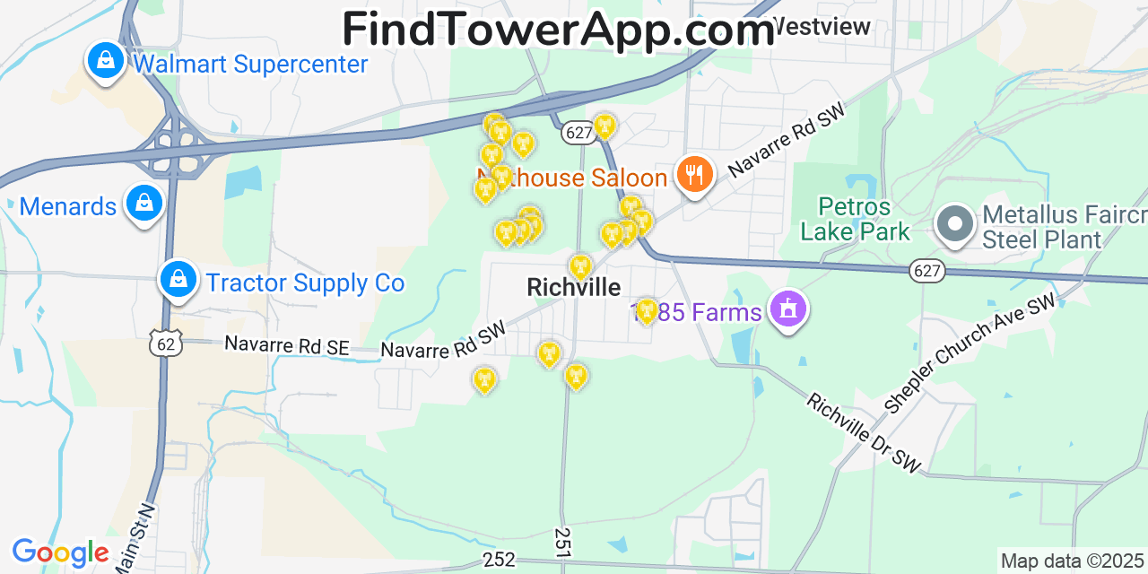 Map showing the 20 primary cell tower locations detected in Richville, Ohio from AT&T, Verizon, and T-Mobile networks