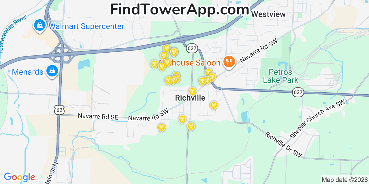 Map showing the 20 primary cell tower locations detected in Richville, Ohio from AT&T, Verizon, and T-Mobile networks