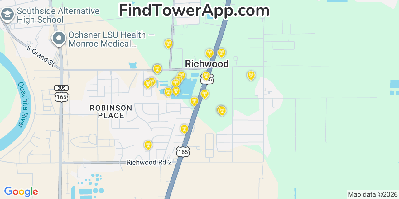 Map showing the 20 primary cell tower locations detected in Richwood, Louisiana from AT&T, Verizon, and T-Mobile networks