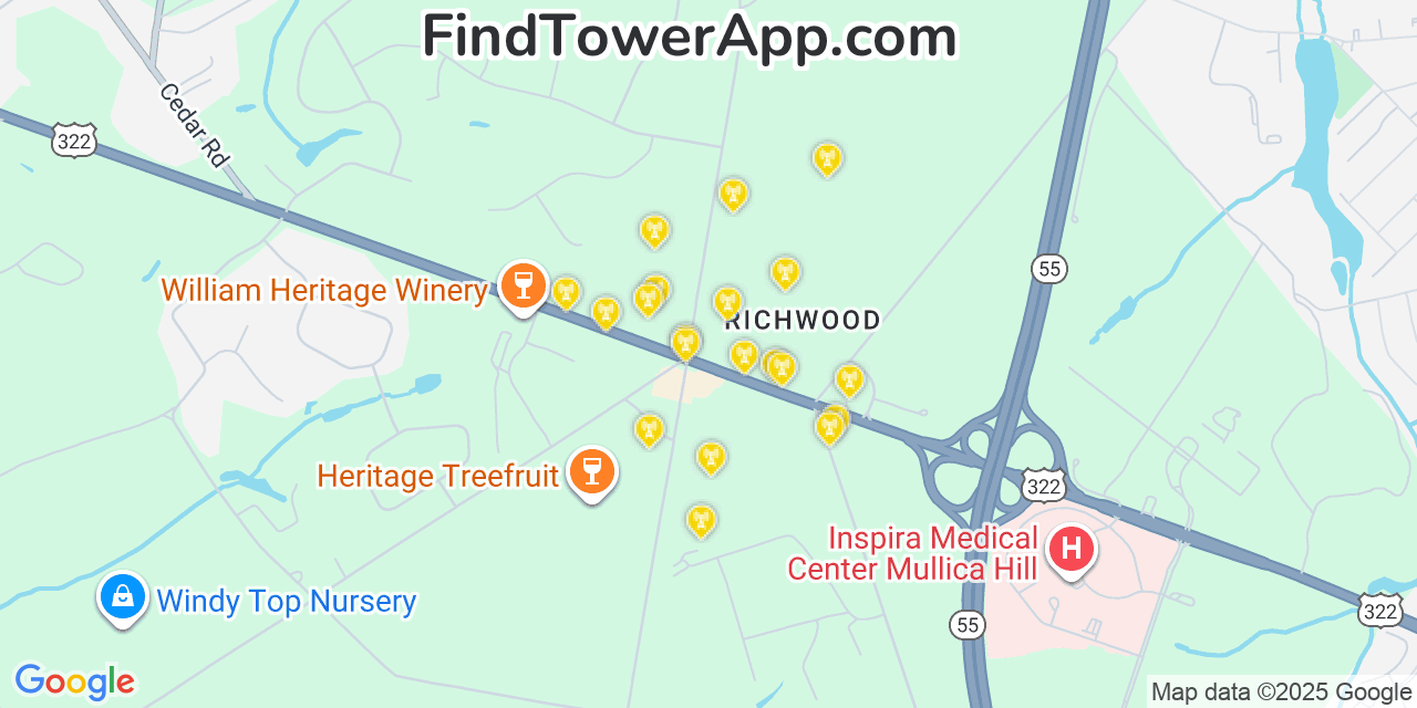 Map showing the 20 primary cell tower locations detected in Richwood, New Jersey from AT&T, Verizon, and T-Mobile networks