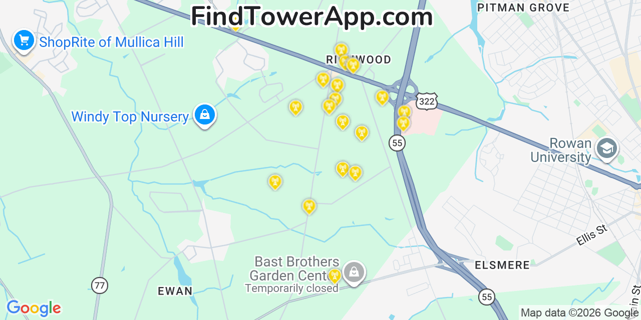 Map showing the 20 primary cell tower locations detected in Richwood, New Jersey from AT&T, Verizon, and T-Mobile networks