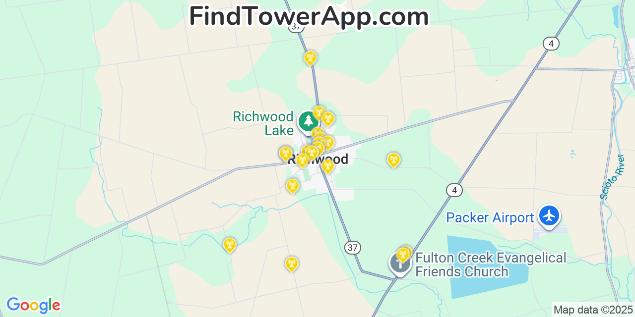 Map showing the 20 primary cell tower locations detected in Richwood, Ohio from AT&T, Verizon, and T-Mobile networks