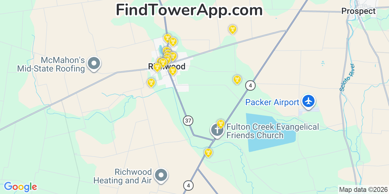 Map showing the 20 primary cell tower locations detected in Richwood, Ohio from AT&T, Verizon, and T-Mobile networks