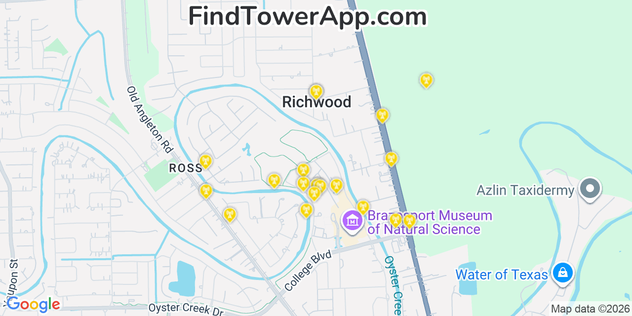 Map showing the 20 primary cell tower locations detected in Richwood, Texas from AT&T, Verizon, and T-Mobile networks