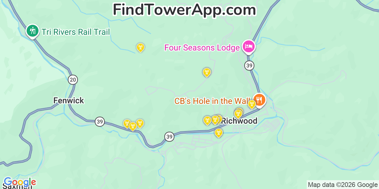 Map showing the 20 primary cell tower locations detected in Richwood, West Virginia from AT&T, Verizon, and T-Mobile networks