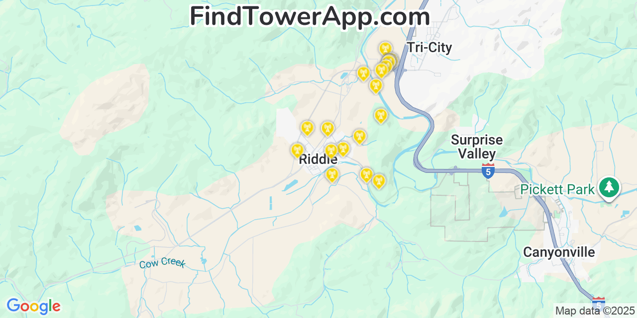 Map showing the 20 primary cell tower locations detected in Riddle, Oregon from AT&T, Verizon, and T-Mobile networks