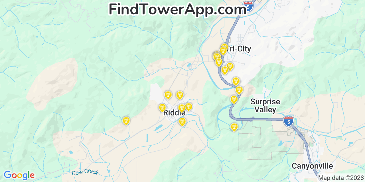 Map showing the 20 primary cell tower locations detected in Riddle, Oregon from AT&T, Verizon, and T-Mobile networks