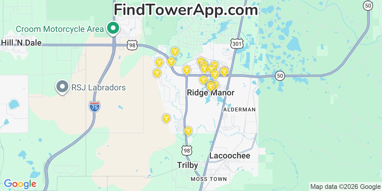 Map showing the 20 primary cell tower locations detected in Ridge Manor, Florida from AT&T, Verizon, and T-Mobile networks