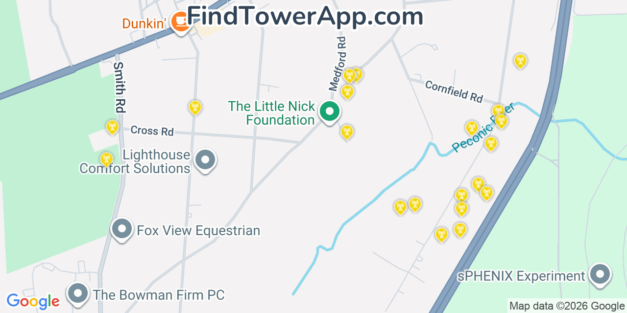 Map showing the 20 primary cell tower locations detected in Ridge, New York from AT&T, Verizon, and T-Mobile networks