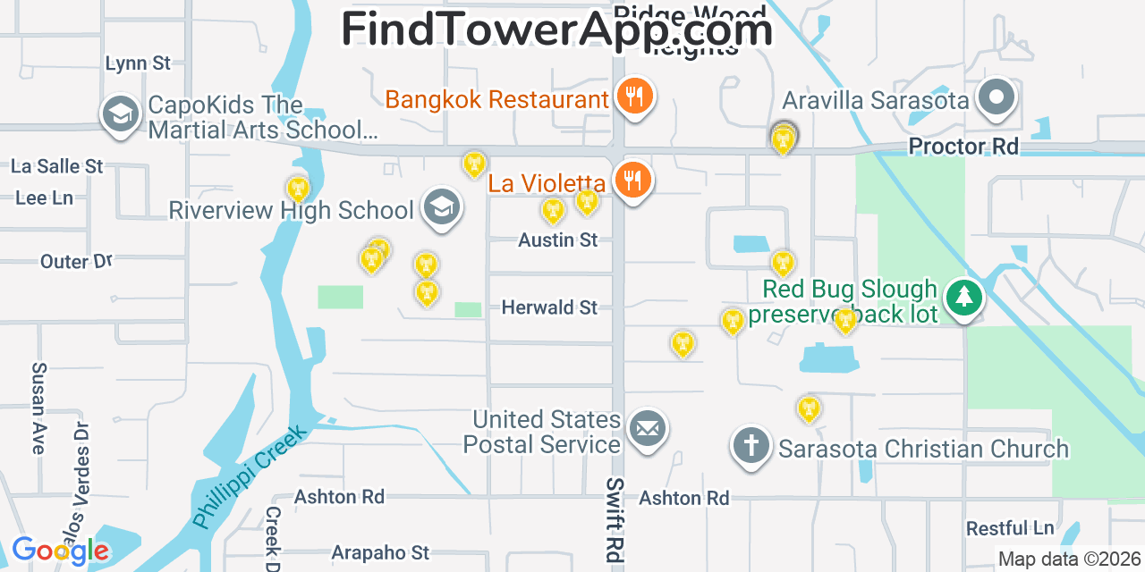 Map showing the 20 primary cell tower locations detected in Ridge Wood Heights, Florida from AT&T, Verizon, and T-Mobile networks