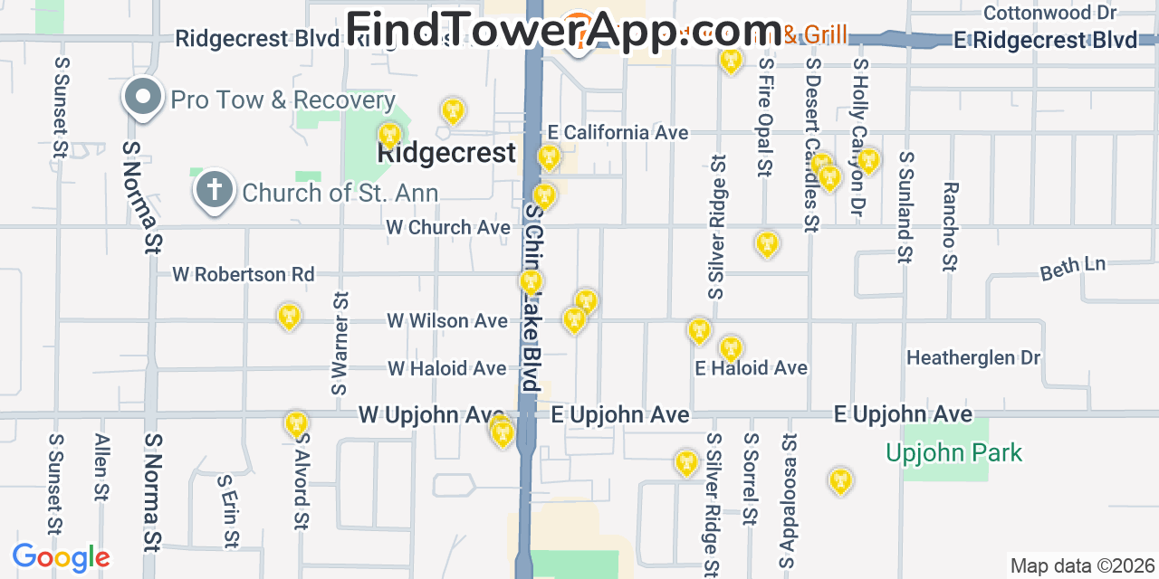 Map showing the 20 primary cell tower locations detected in Ridgecrest, California from AT&T, Verizon, and T-Mobile networks