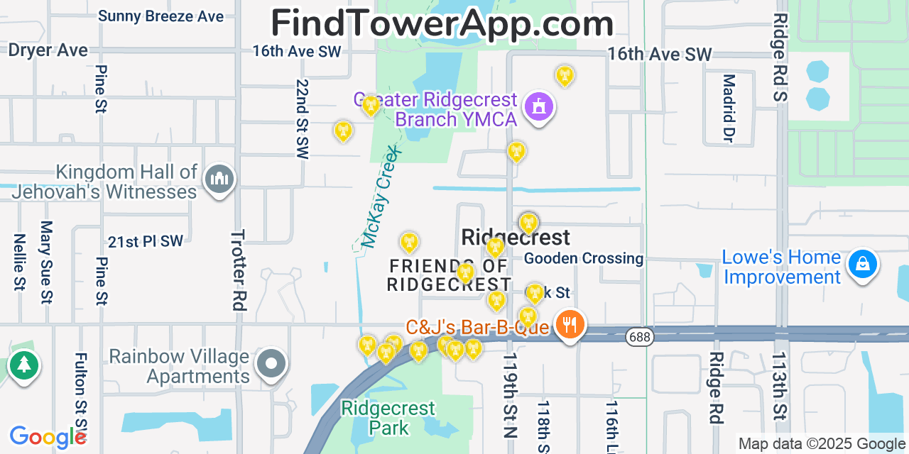 Map showing the 20 primary cell tower locations detected in Ridgecrest, Florida from AT&T, Verizon, and T-Mobile networks