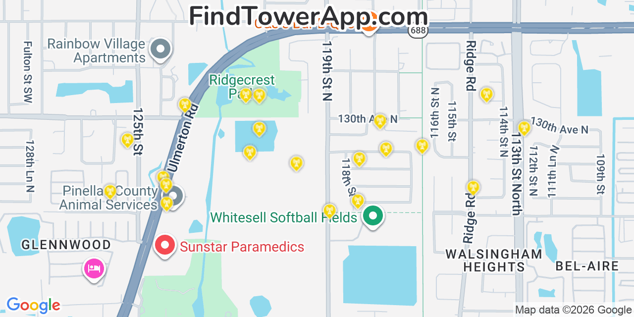 Map showing the 20 primary cell tower locations detected in Ridgecrest, Florida from AT&T, Verizon, and T-Mobile networks