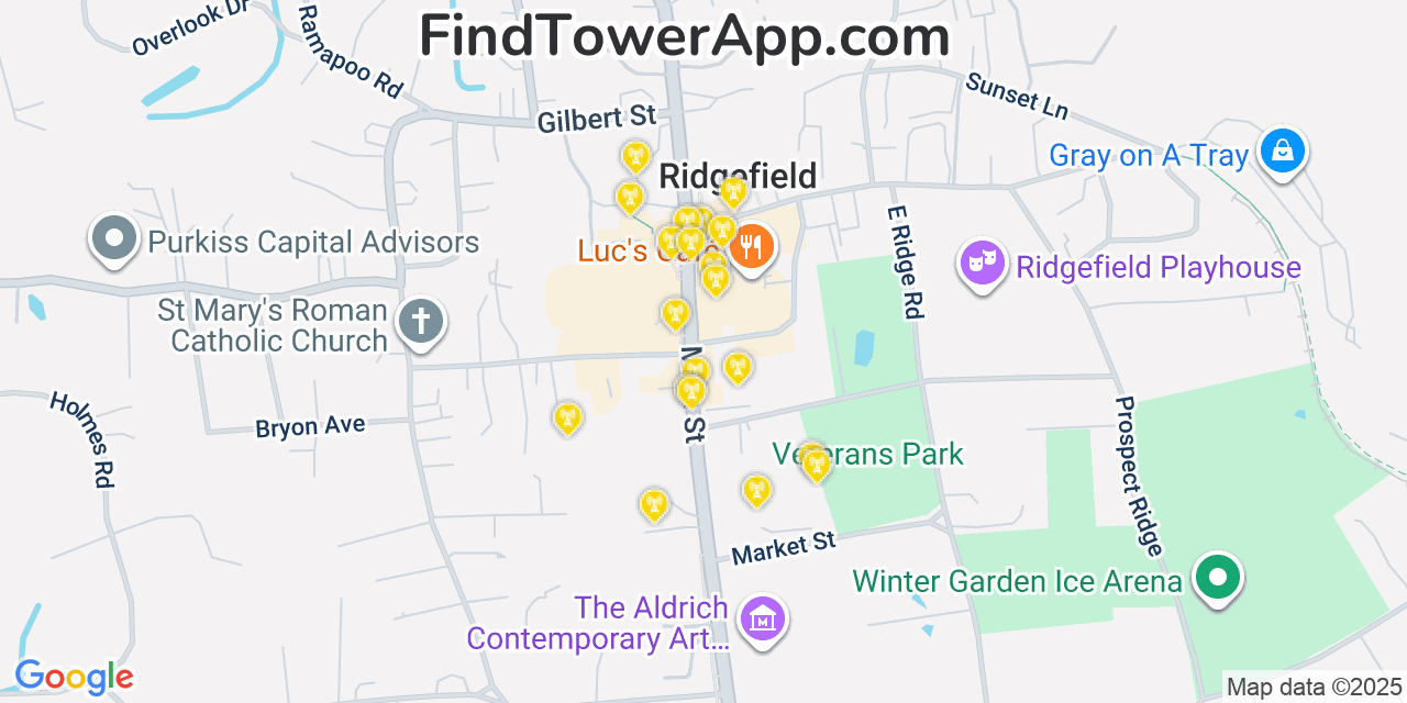 Map showing the 20 primary cell tower locations detected in Ridgefield, Connecticut from AT&T, Verizon, and T-Mobile networks