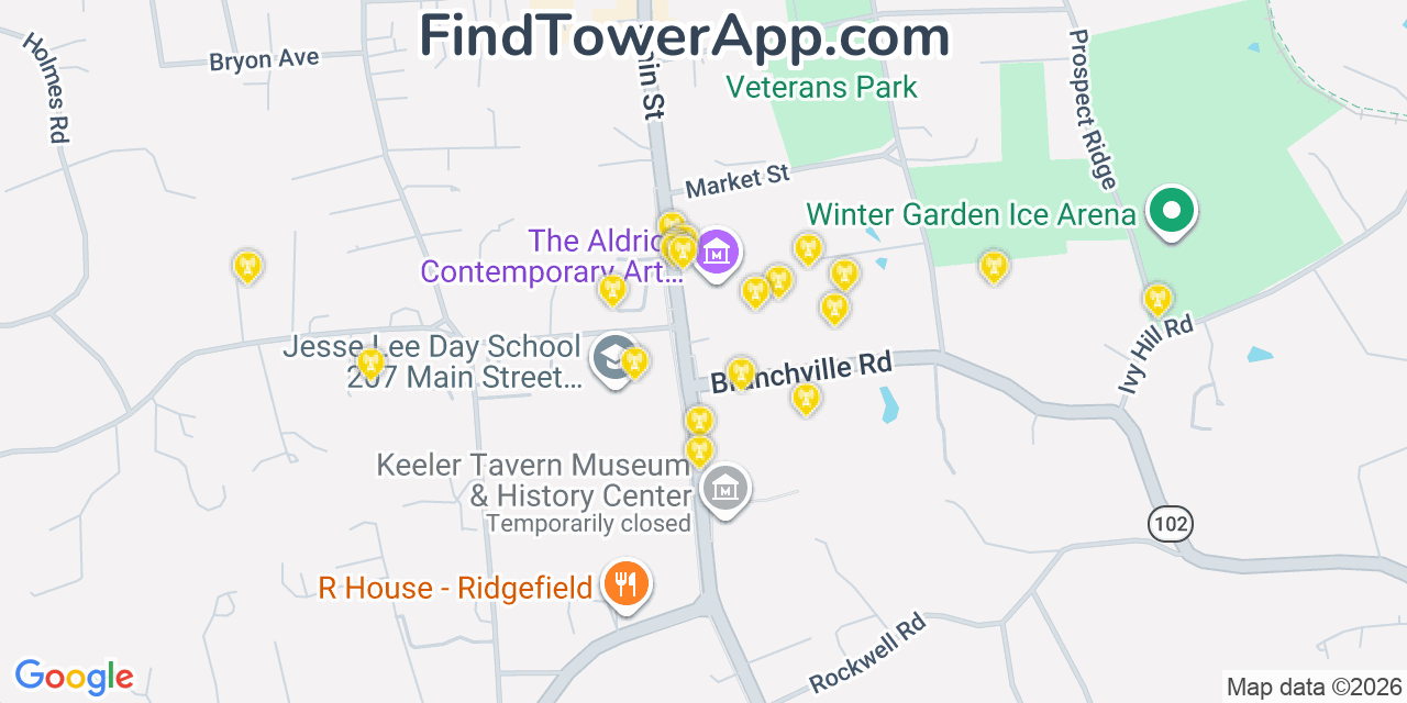 Map showing the 20 primary cell tower locations detected in Ridgefield, Connecticut from AT&T, Verizon, and T-Mobile networks