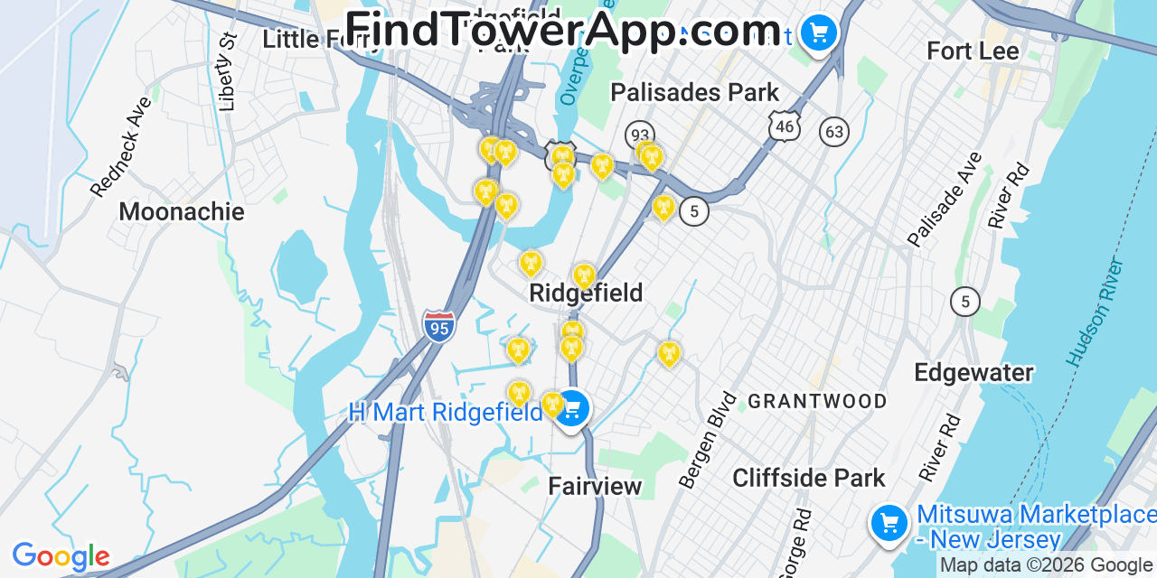Map showing the 20 primary cell tower locations detected in Ridgefield, New Jersey from AT&T, Verizon, and T-Mobile networks