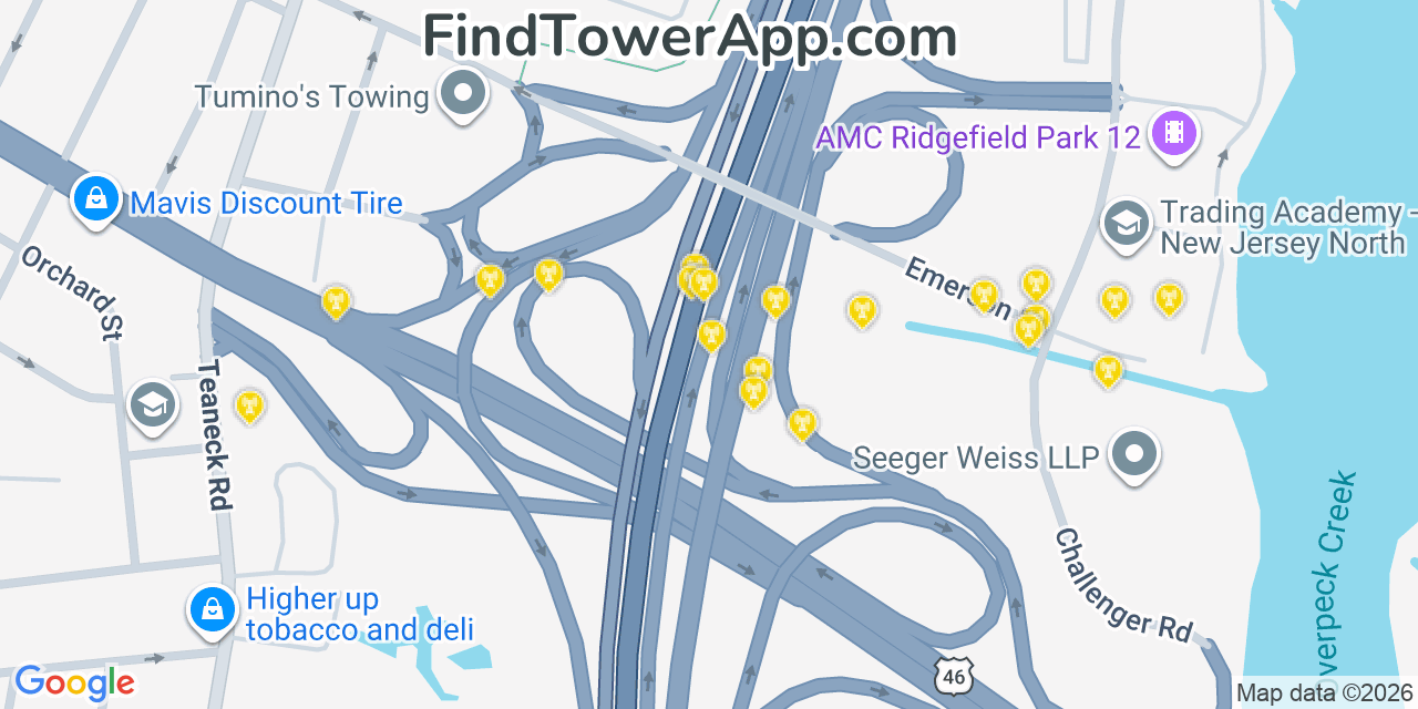 Map showing the 20 primary cell tower locations detected in Ridgefield Park, New Jersey from AT&T, Verizon, and T-Mobile networks