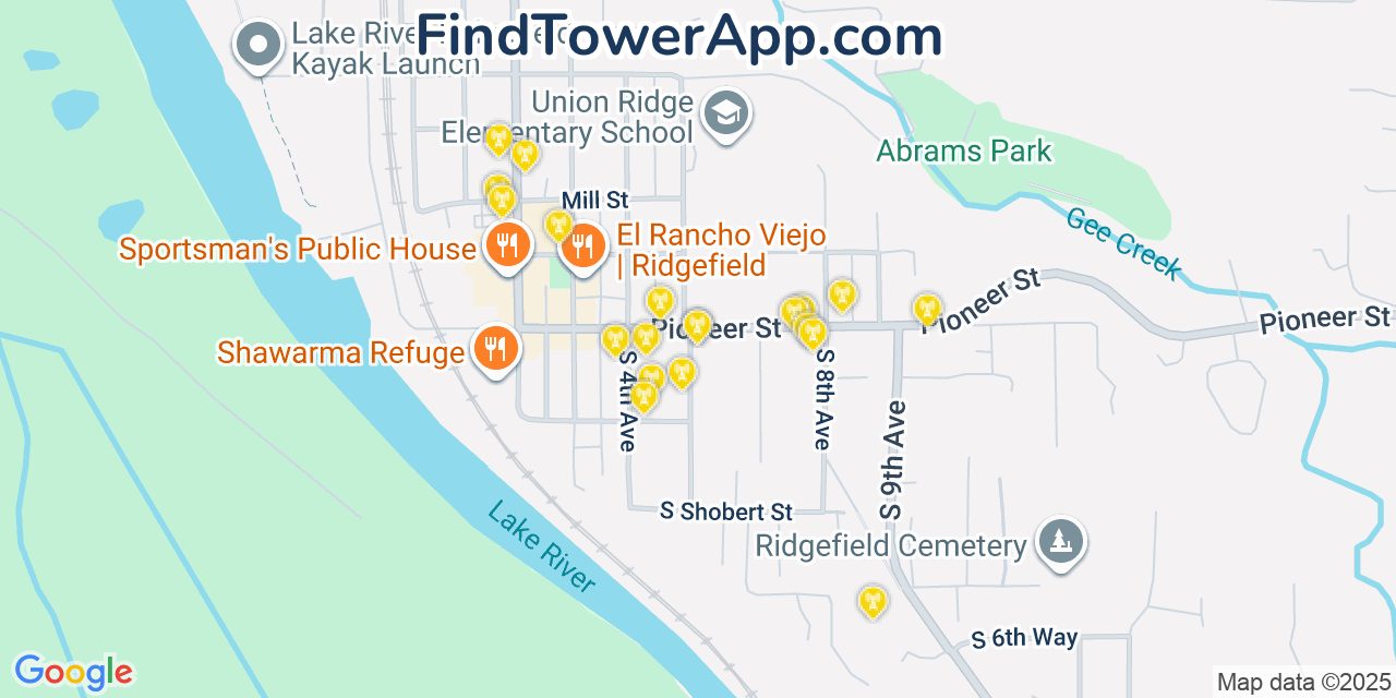Map showing the 20 primary cell tower locations detected in Ridgefield, Washington from AT&T, Verizon, and T-Mobile networks