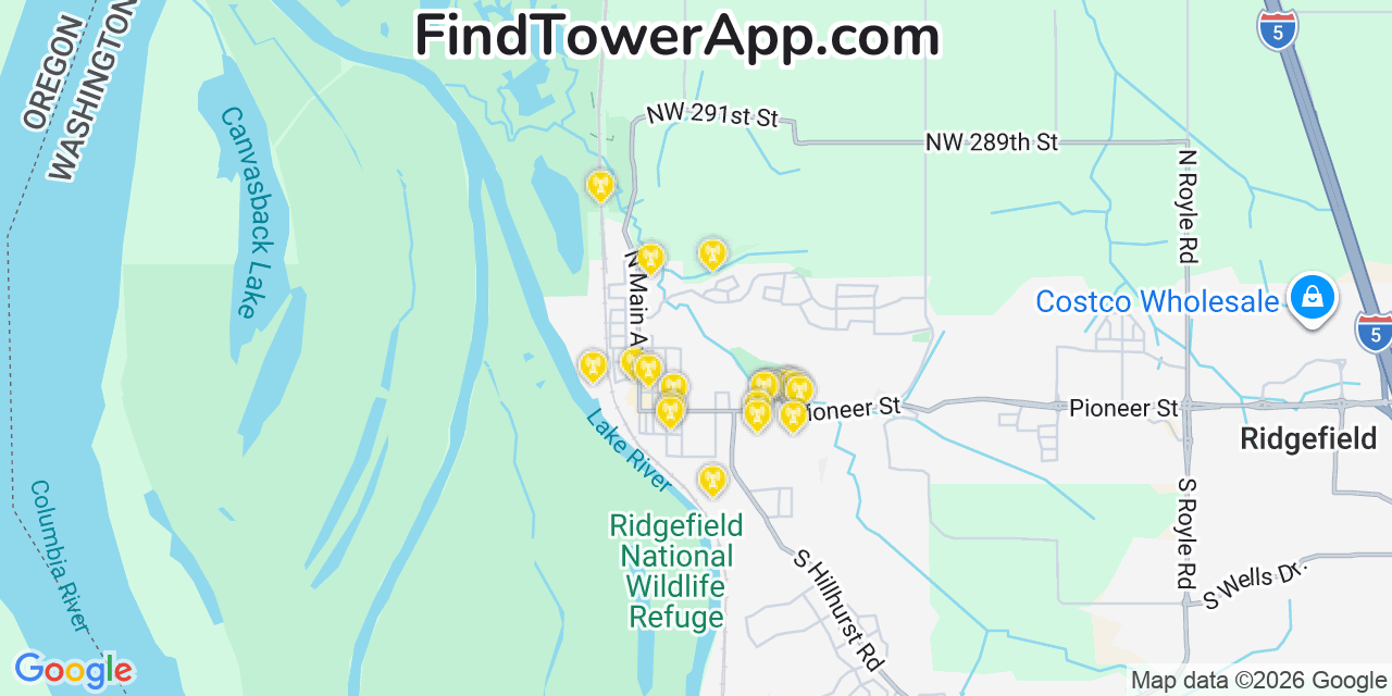 Map showing the 20 primary cell tower locations detected in Ridgefield, Washington from AT&T, Verizon, and T-Mobile networks