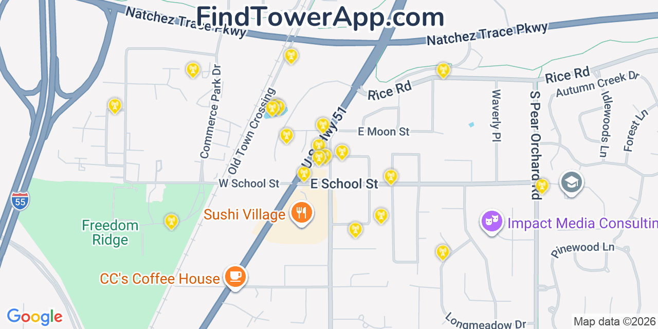 Map showing the 20 primary cell tower locations detected in Ridgeland, Mississippi from AT&T, Verizon, and T-Mobile networks