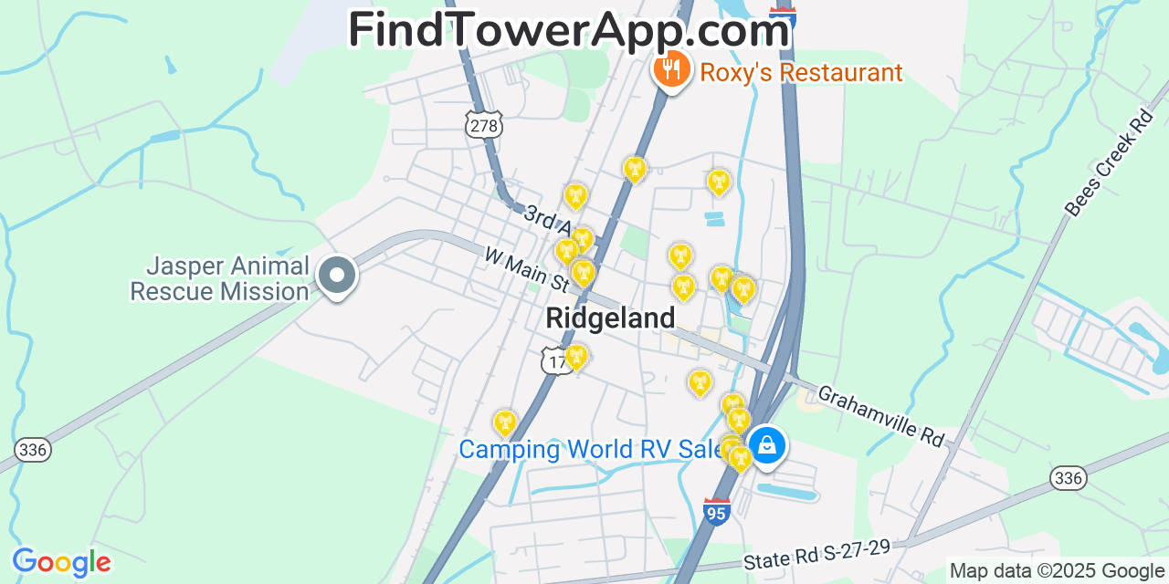 Map showing the 20 primary cell tower locations detected in Ridgeland, South Carolina from AT&T, Verizon, and T-Mobile networks