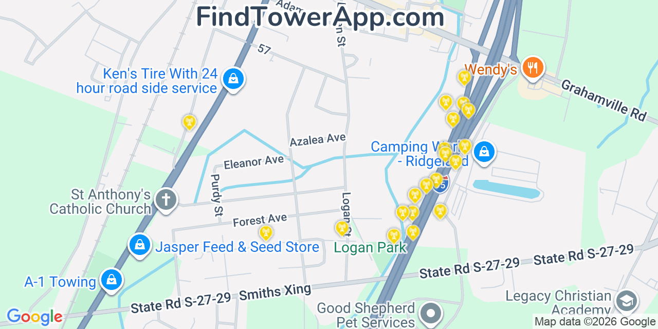 Map showing the 20 primary cell tower locations detected in Ridgeland, South Carolina from AT&T, Verizon, and T-Mobile networks