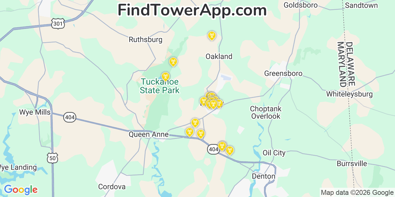 Map showing the 20 primary cell tower locations detected in Ridgely, Maryland from AT&T, Verizon, and T-Mobile networks
