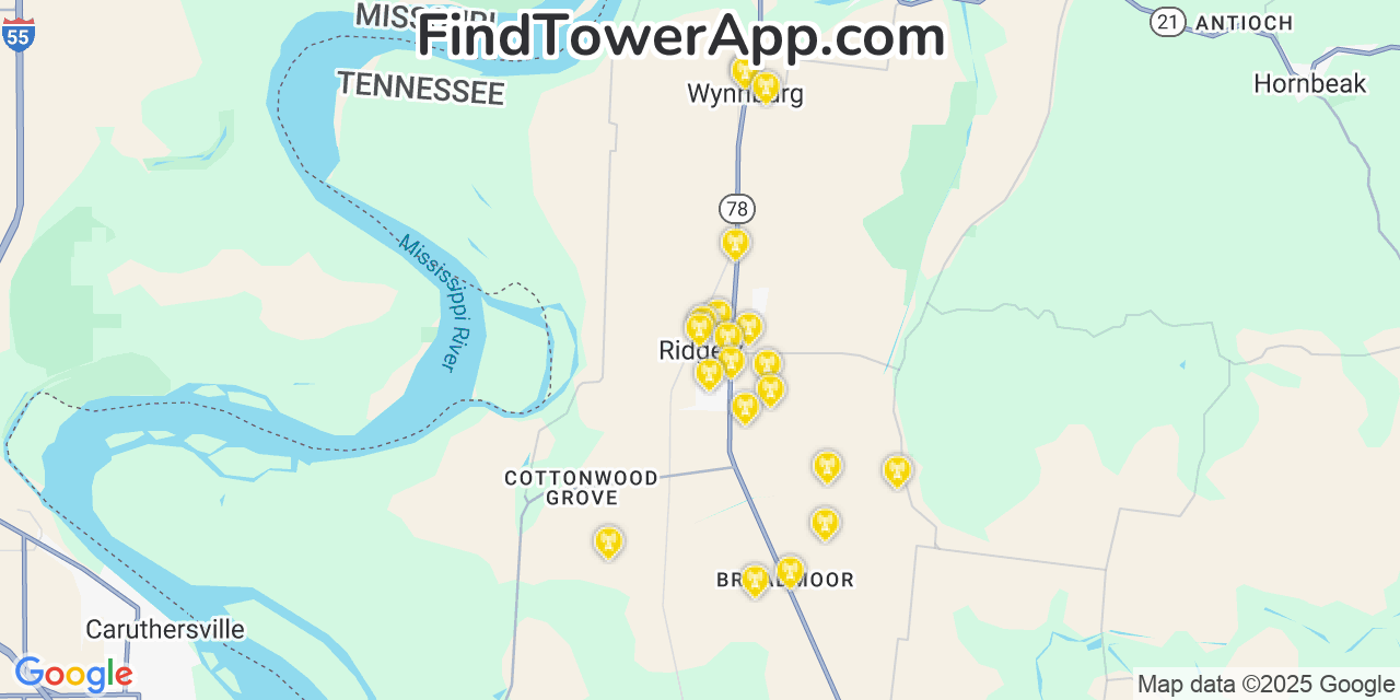 Map showing the 20 primary cell tower locations detected in Ridgely, Tennessee from AT&T, Verizon, and T-Mobile networks