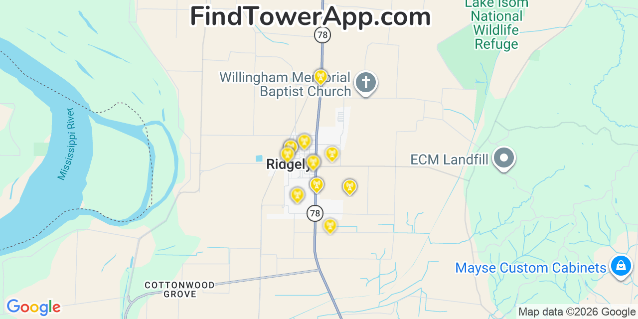 Map showing the 20 primary cell tower locations detected in Ridgely, Tennessee from AT&T, Verizon, and T-Mobile networks