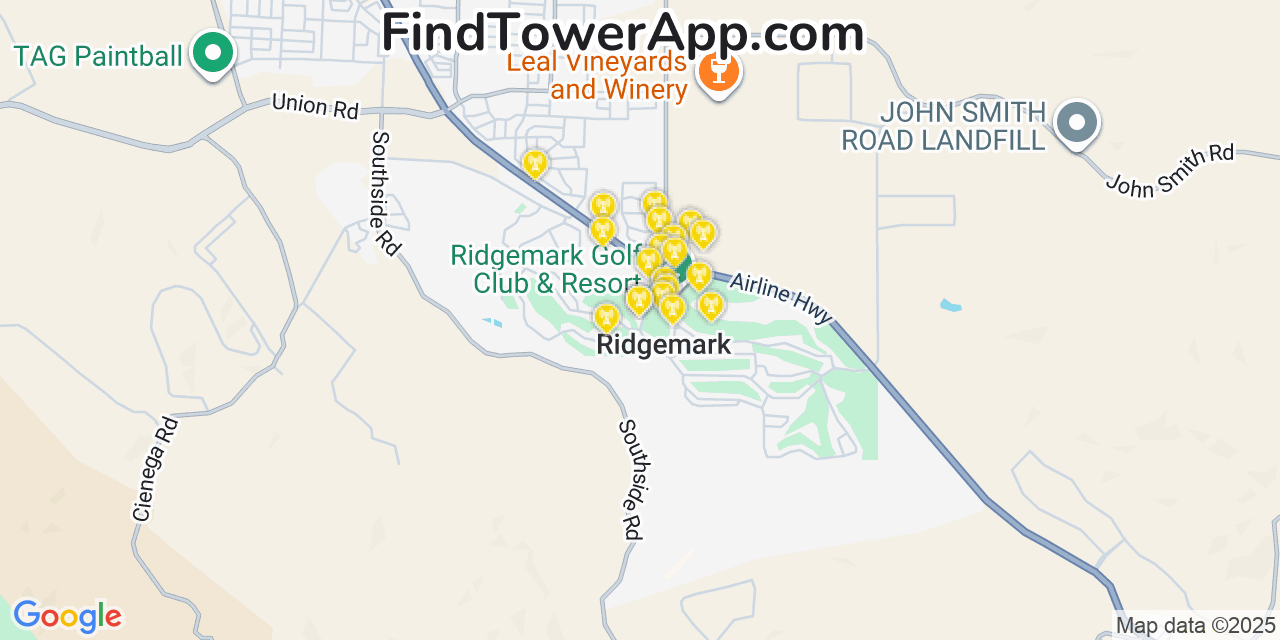 Map showing the 20 primary cell tower locations detected in Ridgemark, California from AT&T, Verizon, and T-Mobile networks