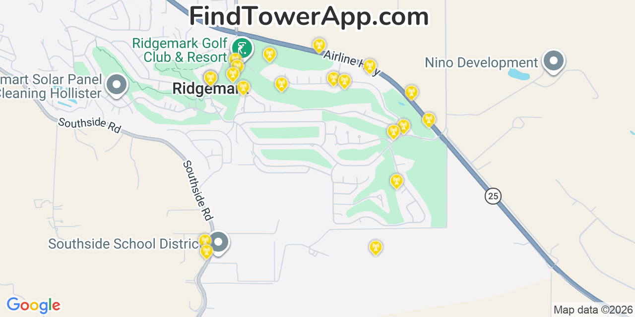 Map showing the 20 primary cell tower locations detected in Ridgemark, California from AT&T, Verizon, and T-Mobile networks