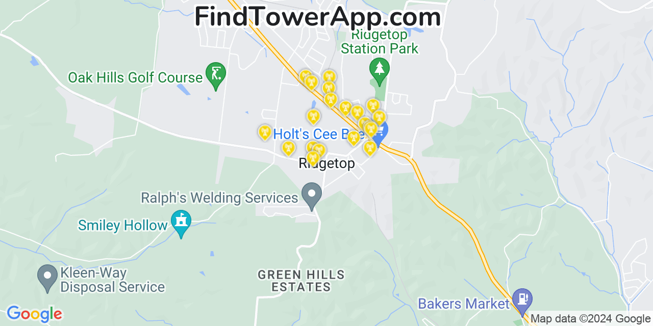 AT&T 4G/5G cell tower coverage map Ridgetop, Tennessee