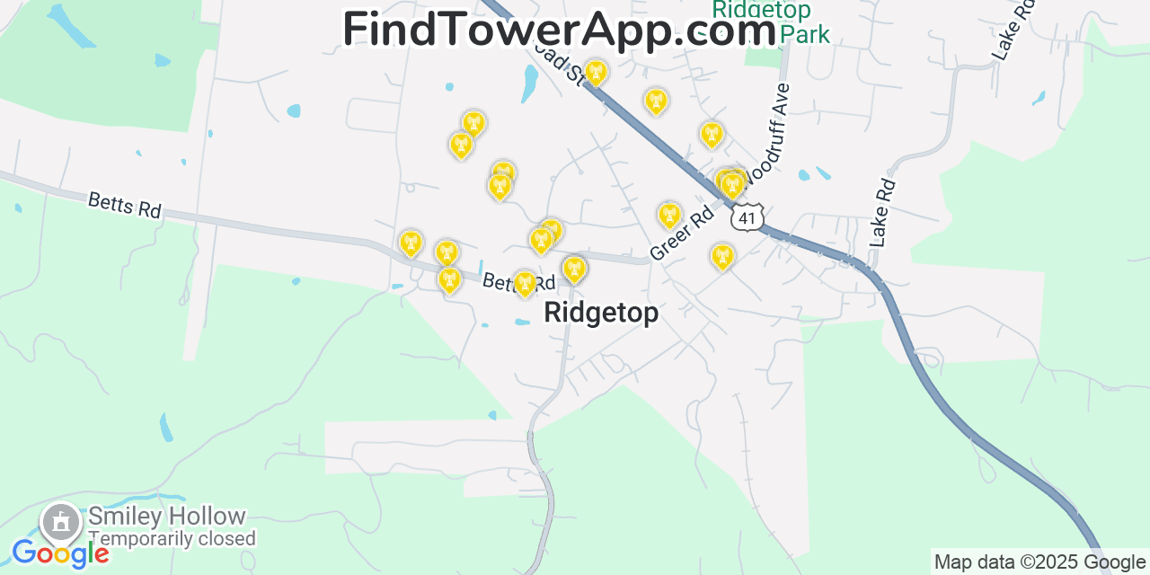 Map showing the 20 primary cell tower locations detected in Ridgetop, Tennessee from AT&T, Verizon, and T-Mobile networks