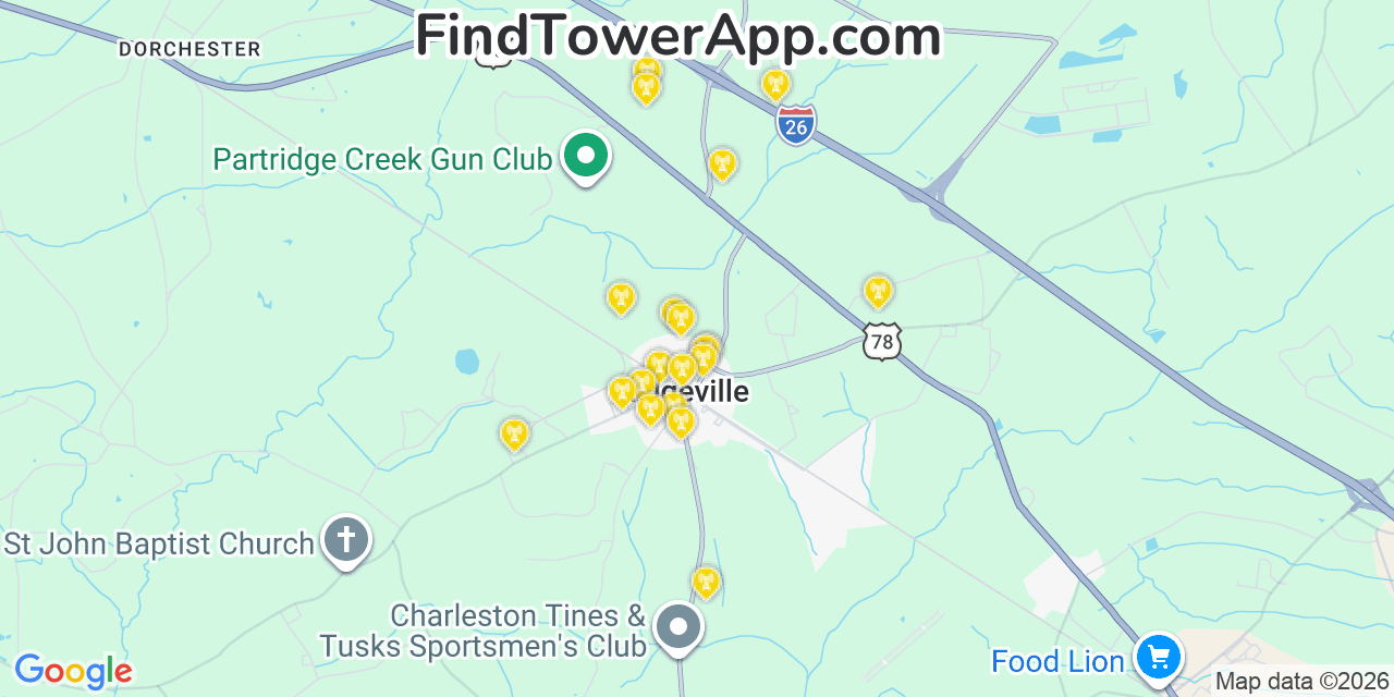Map showing the 20 primary cell tower locations detected in Ridgeville, South Carolina from AT&T, Verizon, and T-Mobile networks